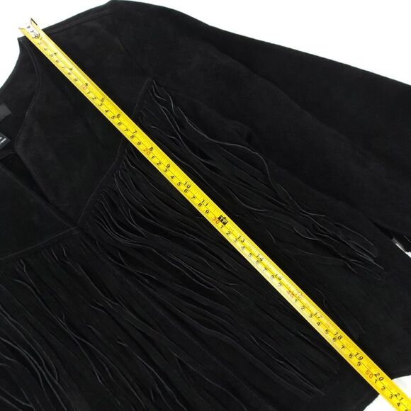 100% Leather Jacket Suede Cropped Western Boho Fringe Tassel Horse Girl Black - Picture 4 of 7